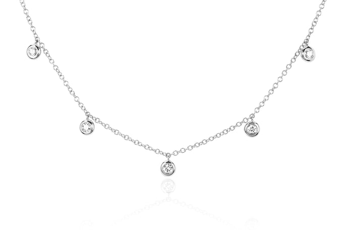 14kt White Gold Dangle Milestone Necklace with 9 stations of .53cttw Round Bezel Set Diamonds (I Color - SI2 Clarity) 16-18" Chain
