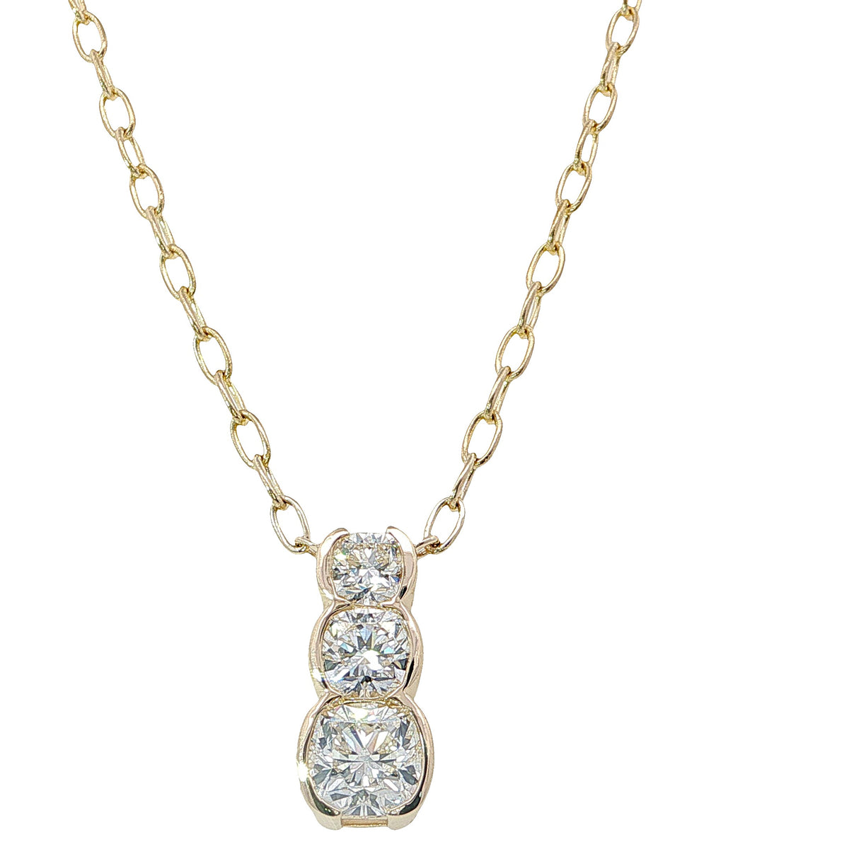 Past, Present, and Future 3-Stone Pendant In 14Kt Yellow Gold With 1.70cttw Cushion Natural Diamonds