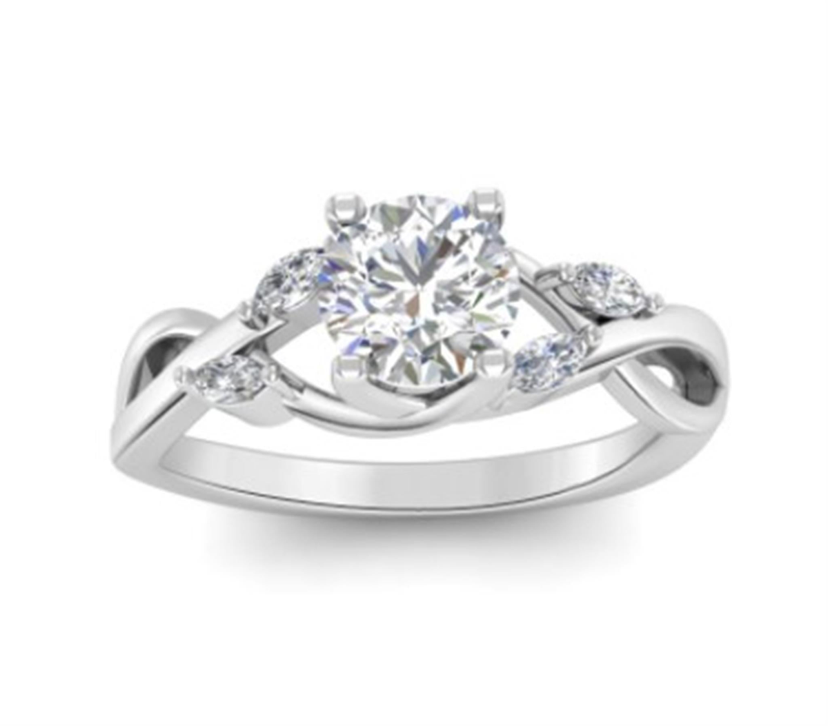 14Kt White Gold Willowing Vine 0.91 Round Center Natural Diamond Engagement Ring