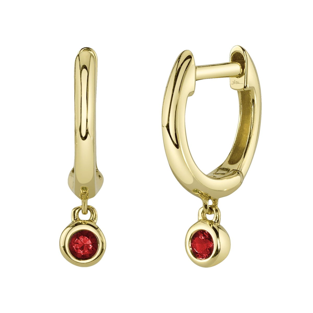 Shy Creation 14Kt Yellow Gold Bezel Set Ruby Dangle Huggie Hoop Earrings