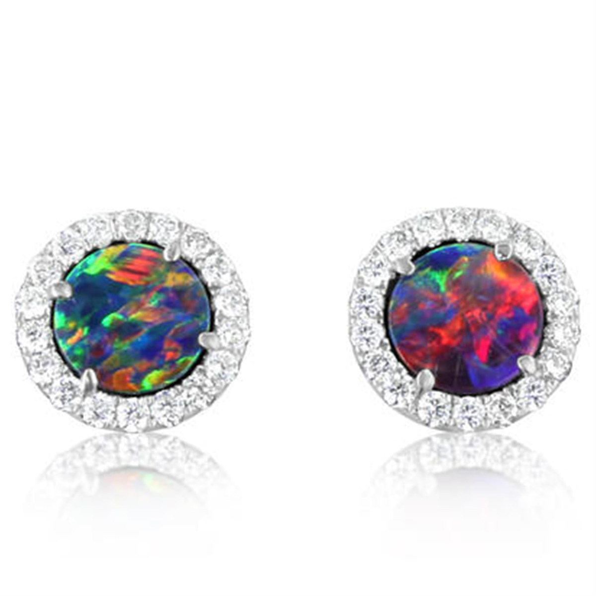 14Kt Yellow Gold Halo Stud Earrings With Round Australian Boulder Opal Doublets And Accent Diamonds
