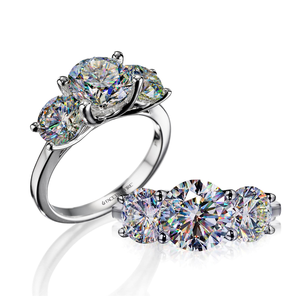 Facets Of Fire 14Kt White Gold Three Stone 0.70ct Round Center Natural Diamond Engagement Ring