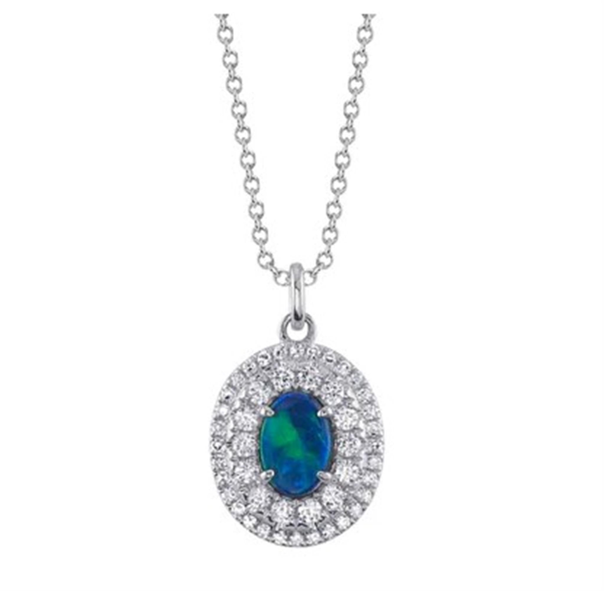 Shy Creation 14Kt White Gold Natural Diamond Double-Halo Boulder Opal Pendant