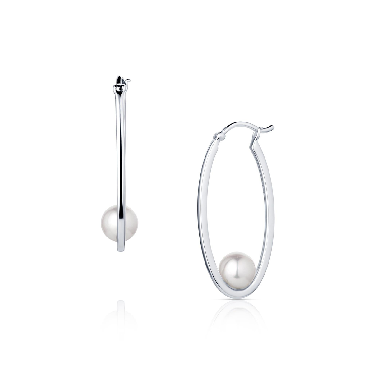 14Kt White Gold Oval Hoop Earrings with 5-6mm Akoya Cultured Pearl