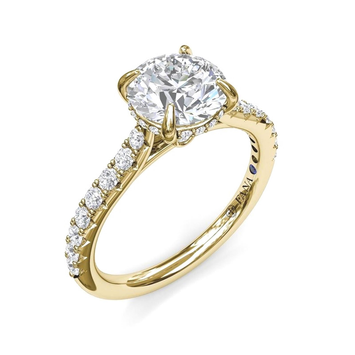 FANA 14Kt Yellow Gold Classic Prong Hidden Halo Engagement Ring Mounting - 2ct Round Center Stone Sold Separately