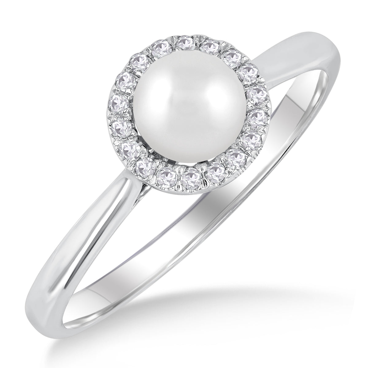 10Kt White Gold White Cultured Pearl & Diamond Halo Ring
