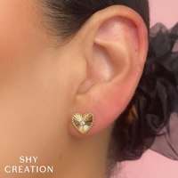 Shy Creation 14Kt Yellow Gold Bezel Set Natural Diamond Fluted Heart Stud Earrings