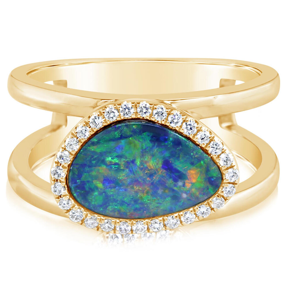 14Kt Yellow Gold Ring with 1.88ct  Australian Opal Doublet and 28.16cttw Natural Diamonds (Color G-H, Clarity SI2)