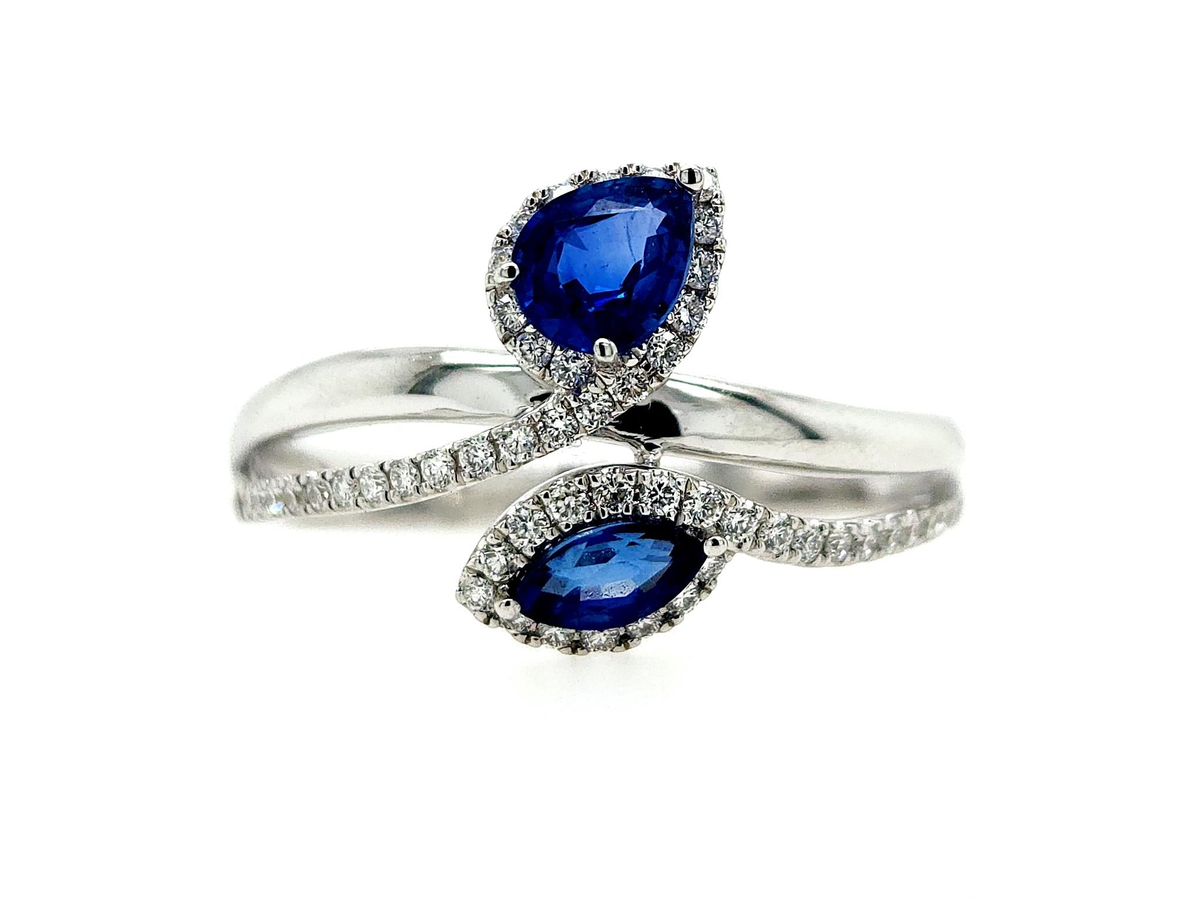 14Kt White Gold Blue Sapphire Halo Bypass Natural Diamond Ring