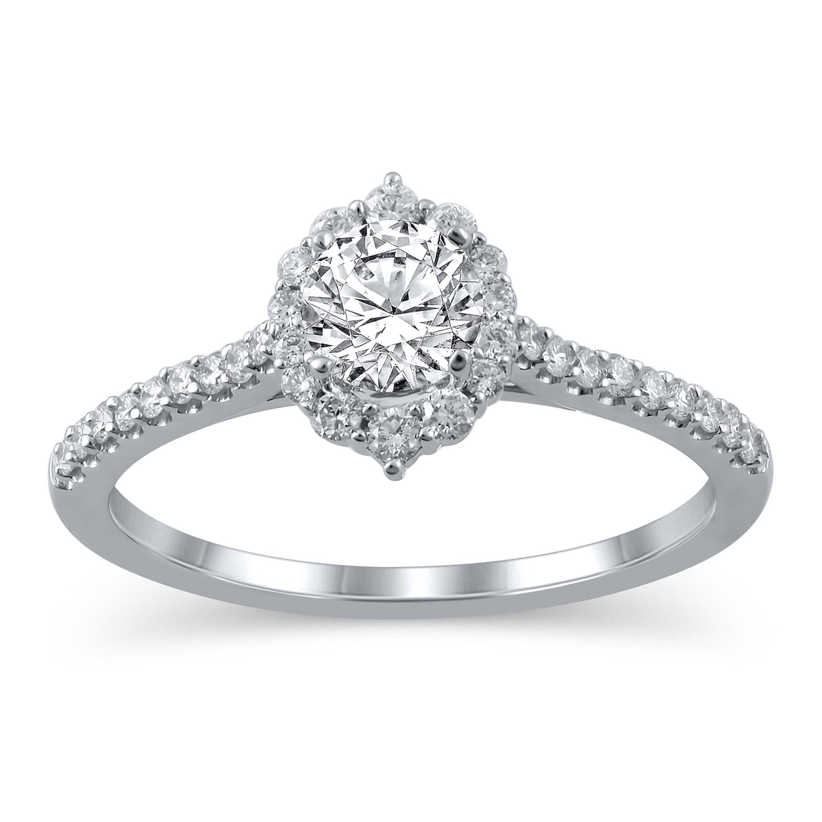 14Kt White Gold Tiara Halo Ring With 1.00ct Round Center Natural Diamond