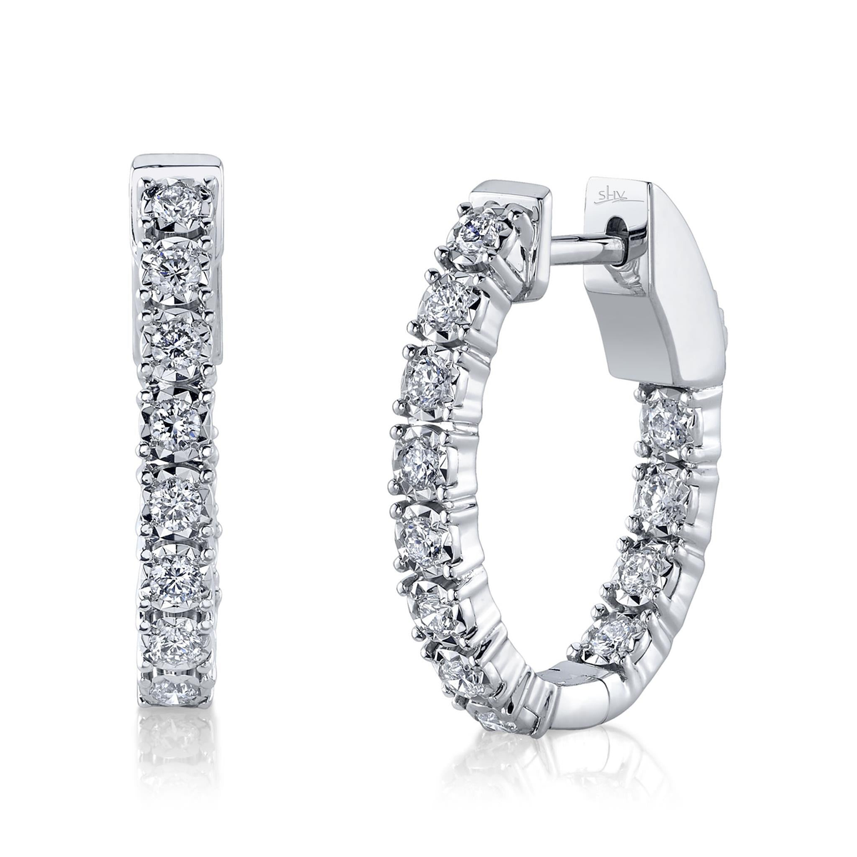 Shy Creation 14Kt White Gold 0.47cttw Natural Diamond Inside/Outside Oval Hoop Earrings