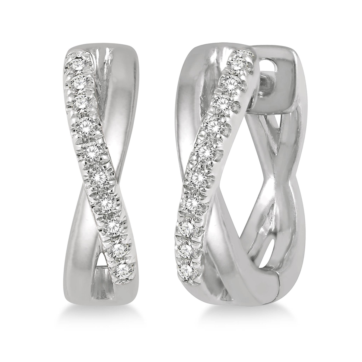 Lasker Petites-10Kt White Gold Twist Huggie 0.10cttw Diamond Hoop Earrings
