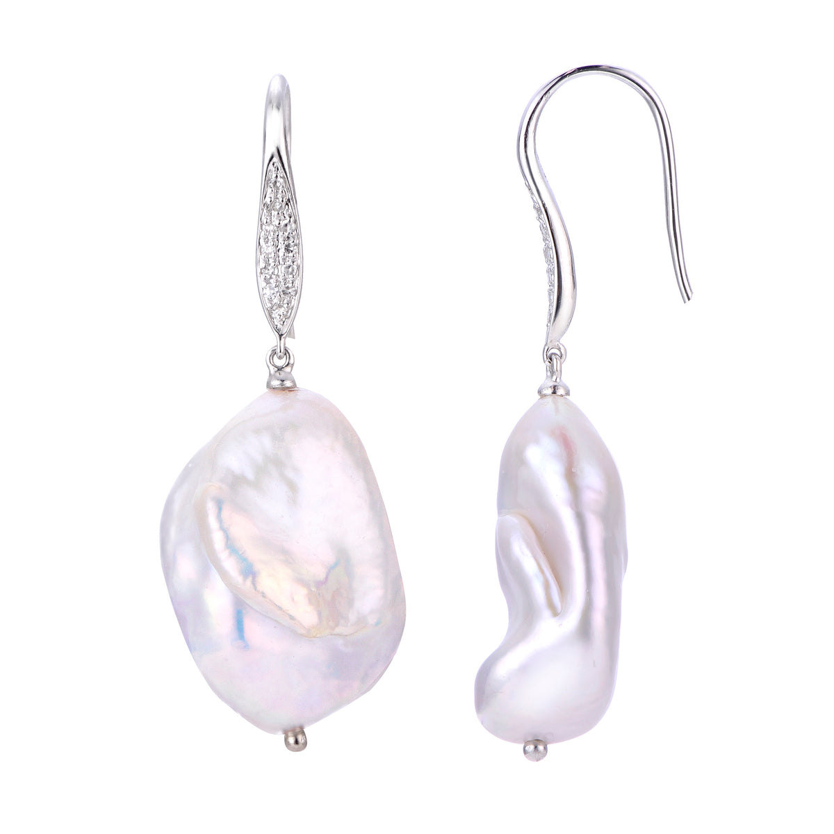 14Kt White Gold Freshwater Keshi Pearl and Diamond Drop Earrings