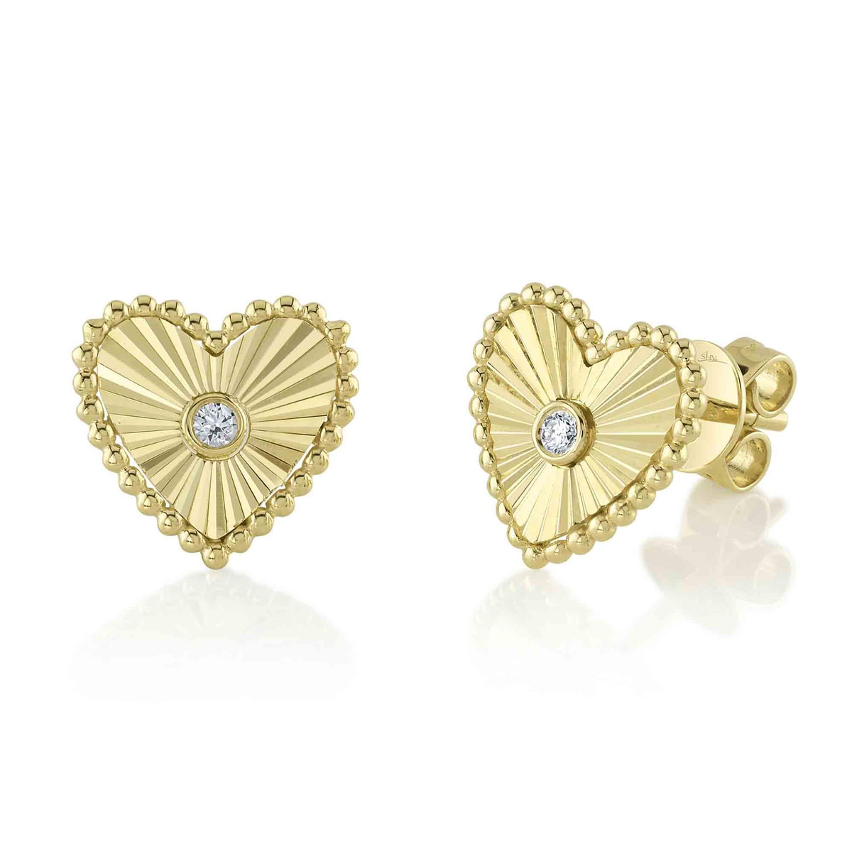 Shy Creation 14Kt Yellow Gold Bezel Set Natural Diamond Fluted Heart Stud Earrings