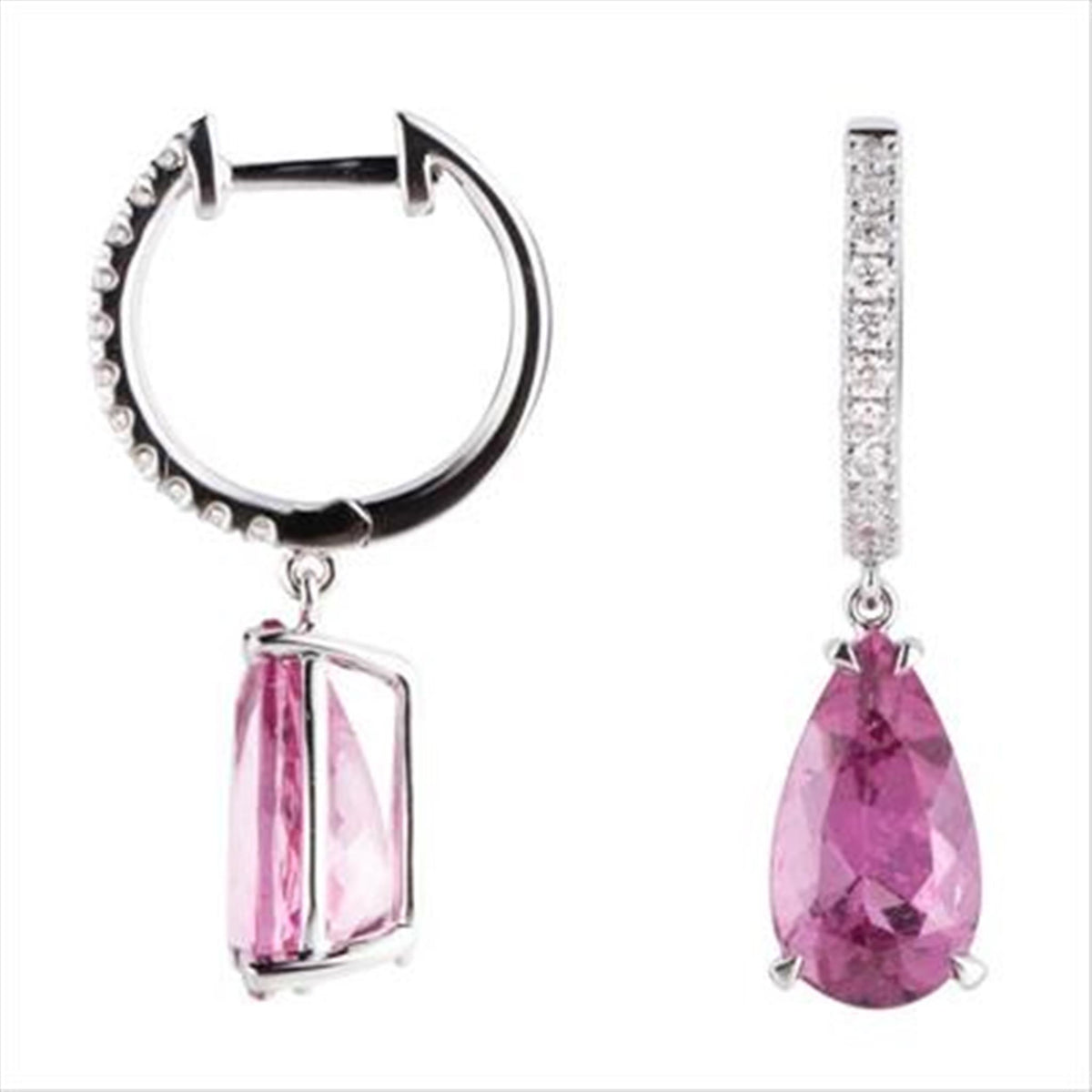 18Kt White Gold Round Hoop Diamond and Pink Tourmaline Earrings