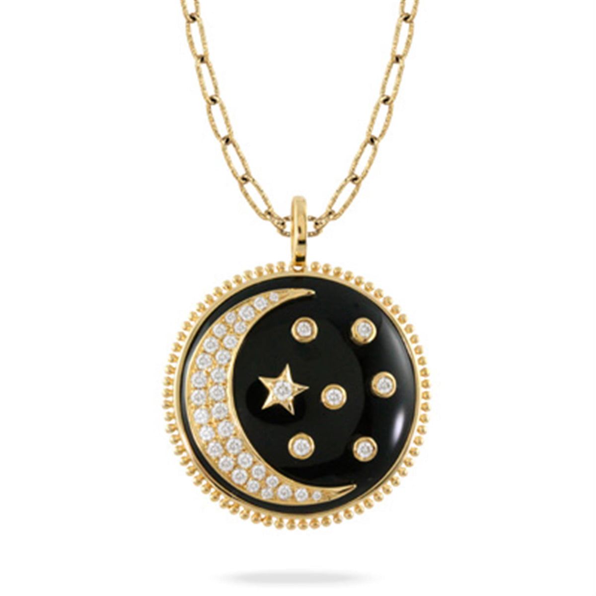 DOVES 18K Gold Black Onyx Moon & Stars Diamond Pendant