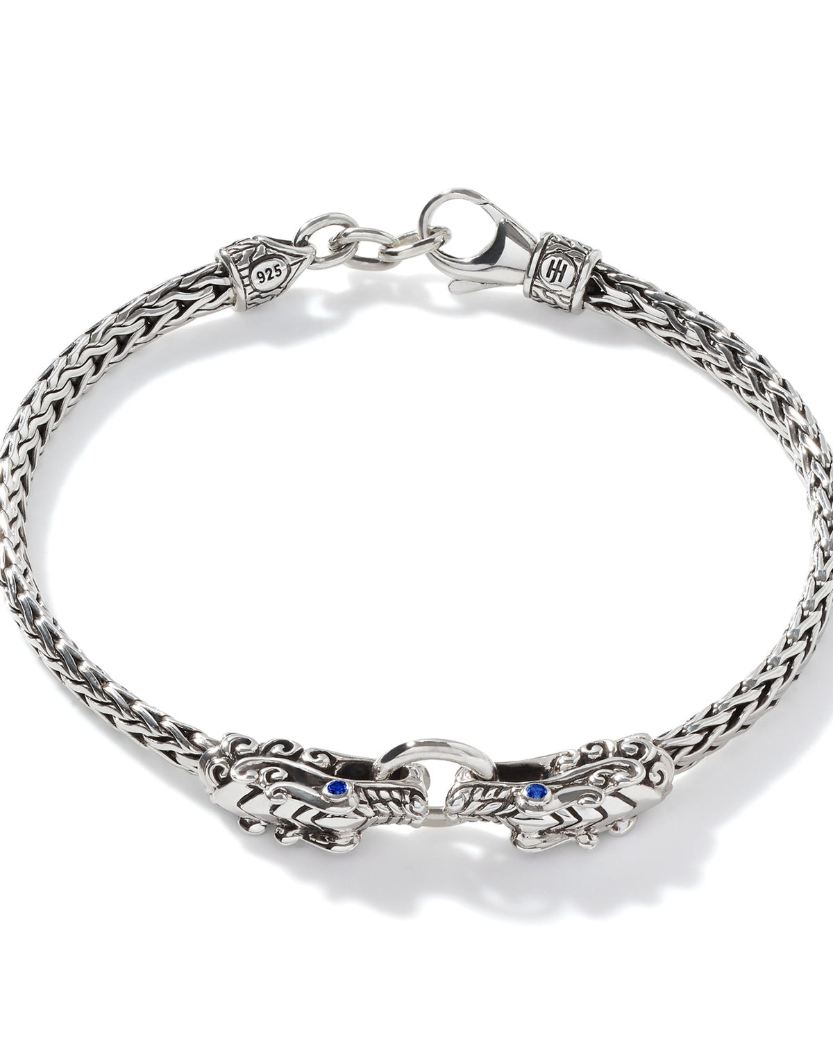 John Hardy Naga Heritage Sterling Silver Double Dragon Head Blue Sapphire Eyes Slim 3.5mm Chain Bracelet