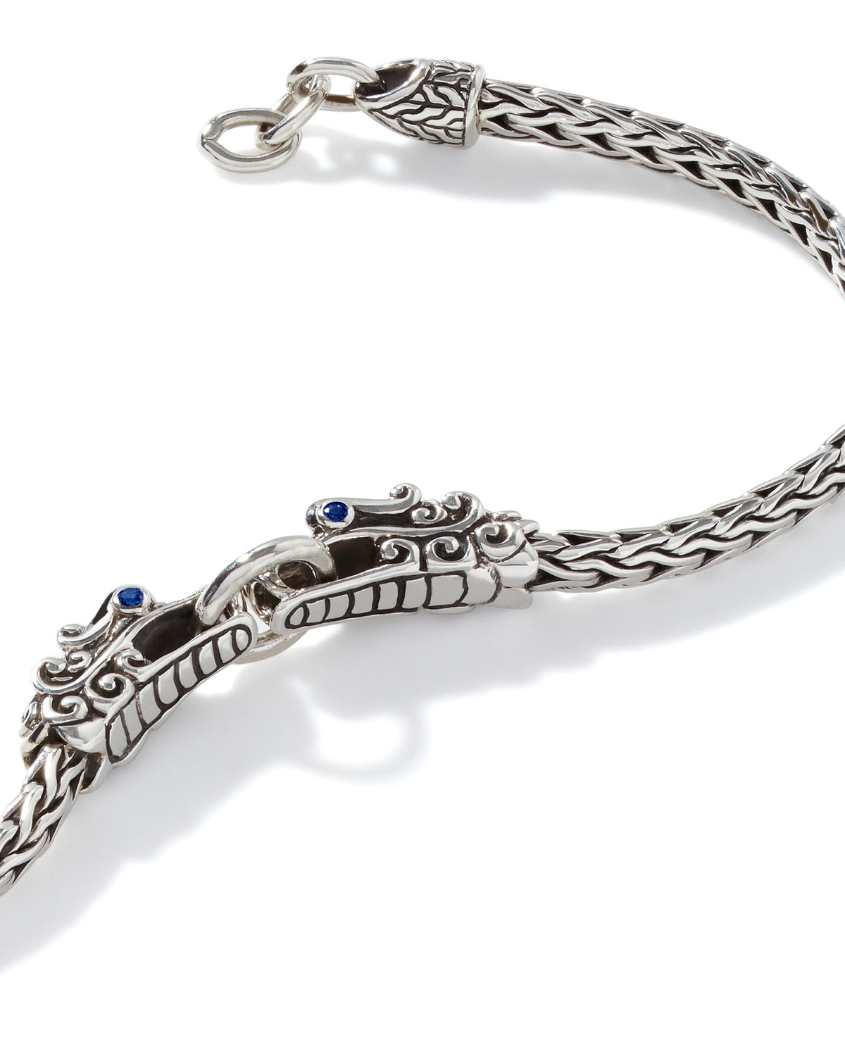 John Hardy Naga Heritage Sterling Silver Double Dragon Head Blue Sapphire Eyes Slim 3.5mm Chain Bracelet