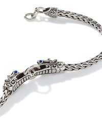 John Hardy Naga Heritage Sterling Silver Double Dragon Head Blue Sapphire Eyes Slim 3.5mm Chain Bracelet