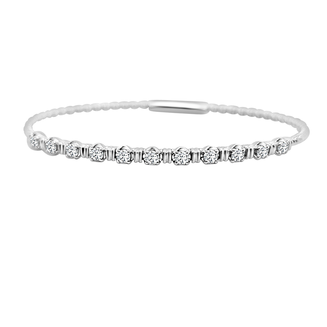 14Kt White Gold Beaded 0.74cttw Diamond and Bar Flex Bangle Bracelet