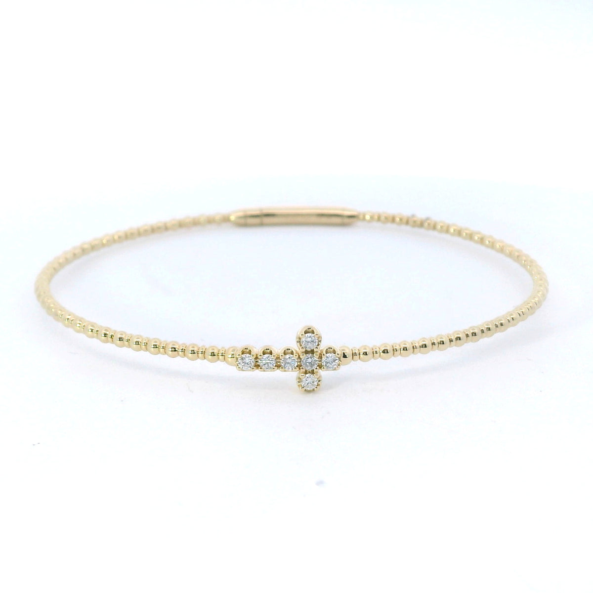 14Kt Yellow Gold 0.16cttw Natural Diamond Cross Flex Beaded Bangle Bracelet