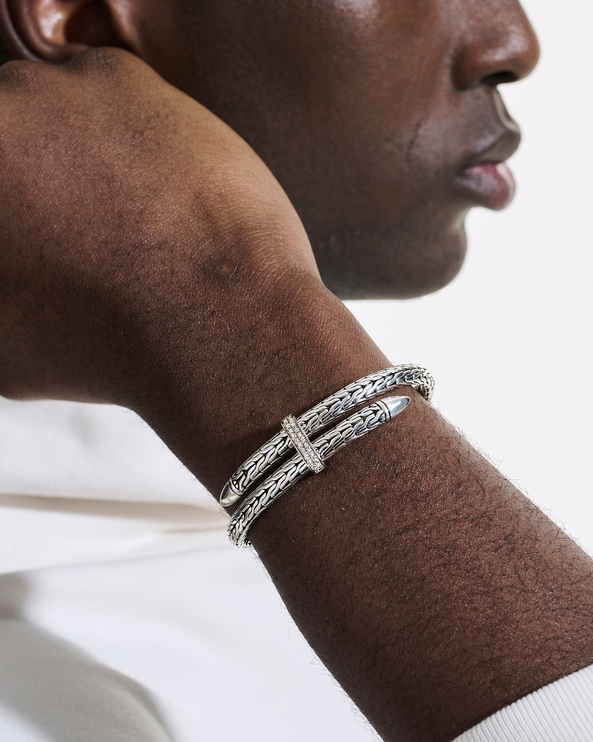 John Hardy Sterling Silver Spear Diamond Pave Bypass Flex Cuff