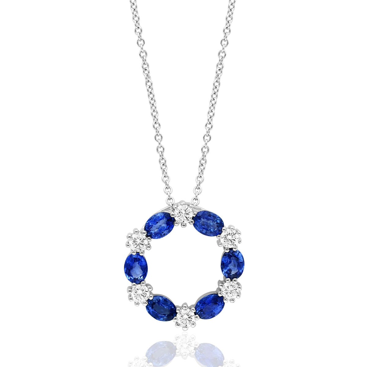 14Kt White Gold Blue Sapphire and Diamond Circle Pendant