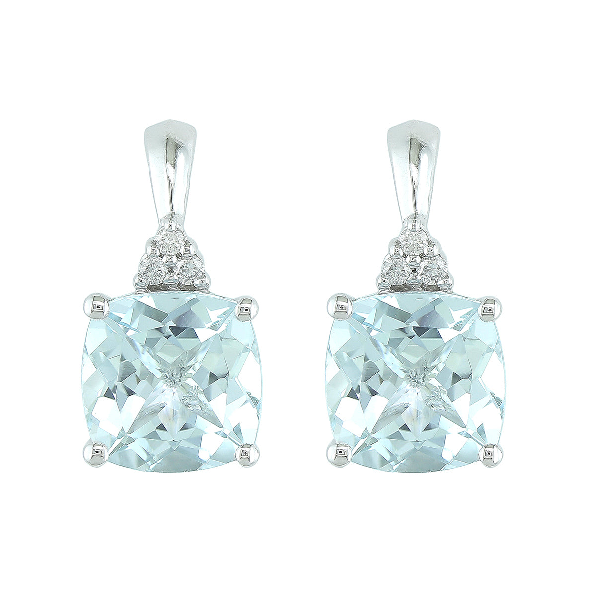 14Kt White Gold Drop Earrings with 2.75cttw Cushion Aquamarine & Accent Natural Diamonds
