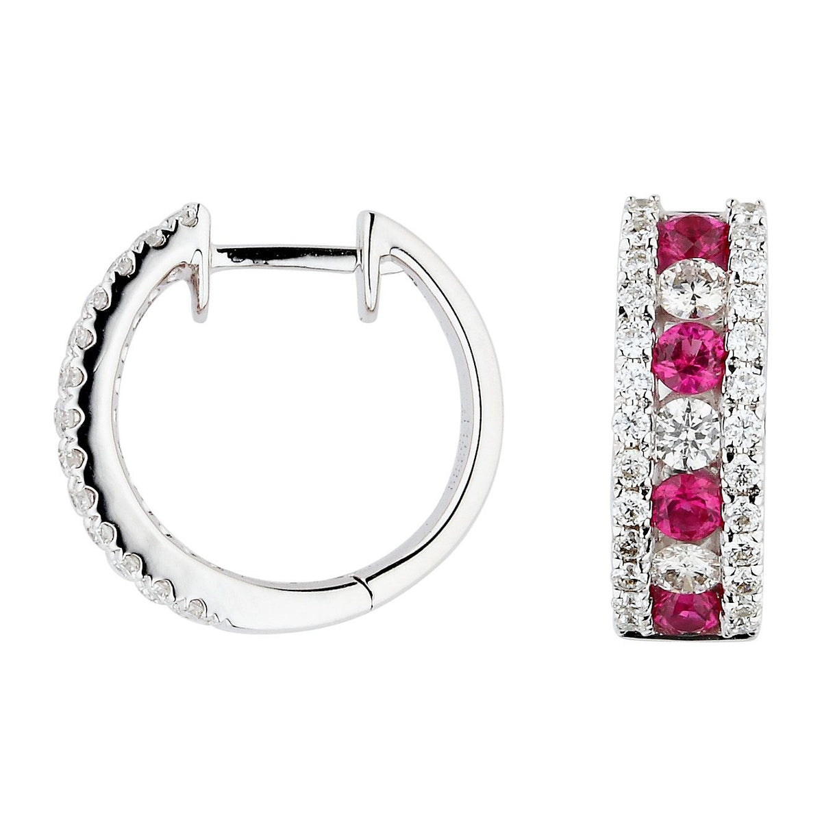 18Kt White Gold Ruby & Diamond Huggie Hoop Earrings
