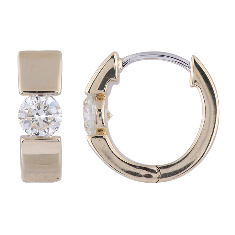 14Kt Yellow Gold 4x14mm Polished Hoop Earrings with 2 Natural Diamonds
