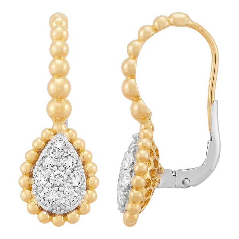 14Kt Yellow Gold 0.70Cttw Pave Set Diamond Beaded Teardrop Leverback Earrings