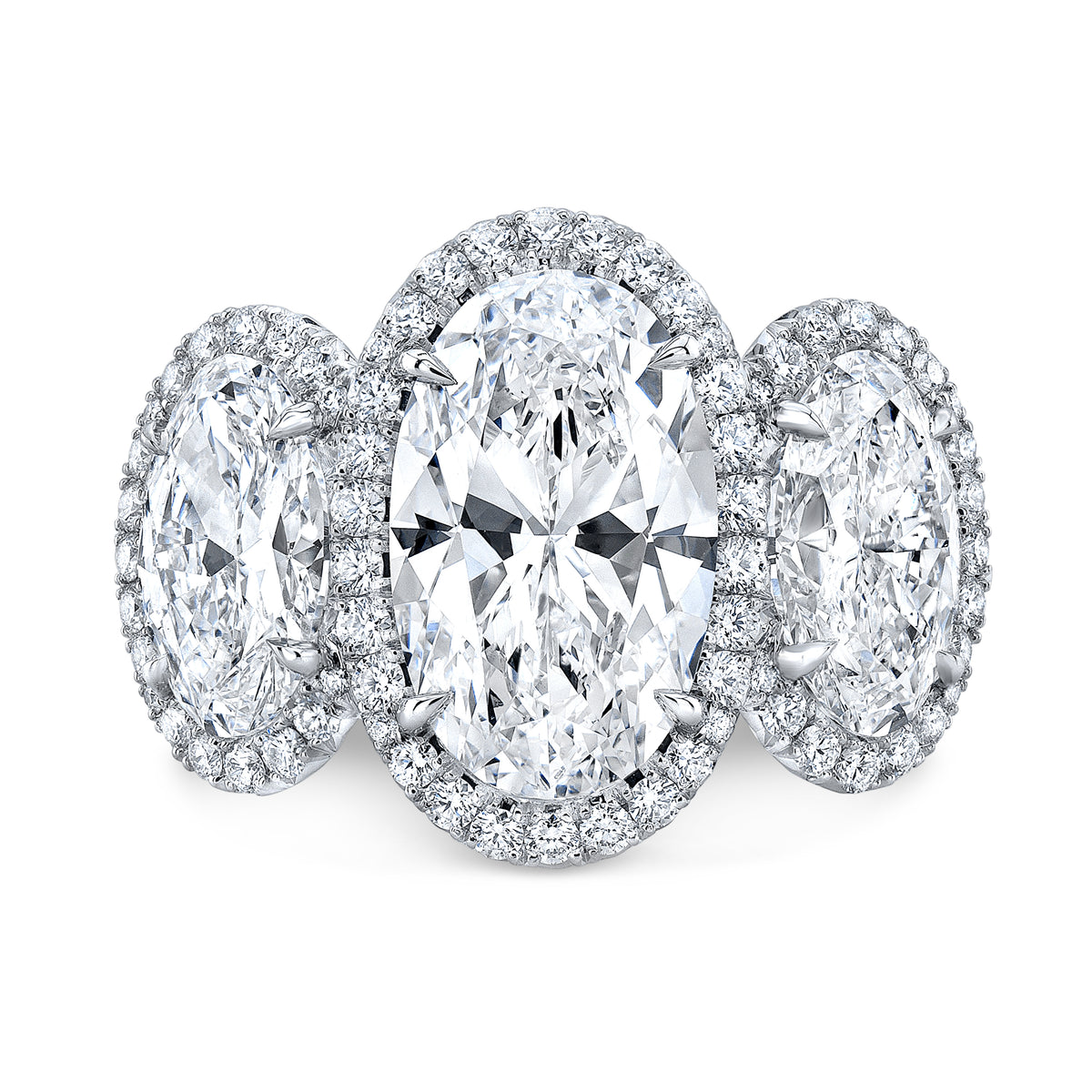 18kt White Gold Three Stone Halo 1.52ct Oval Center Natural Diamond Engagement Ring