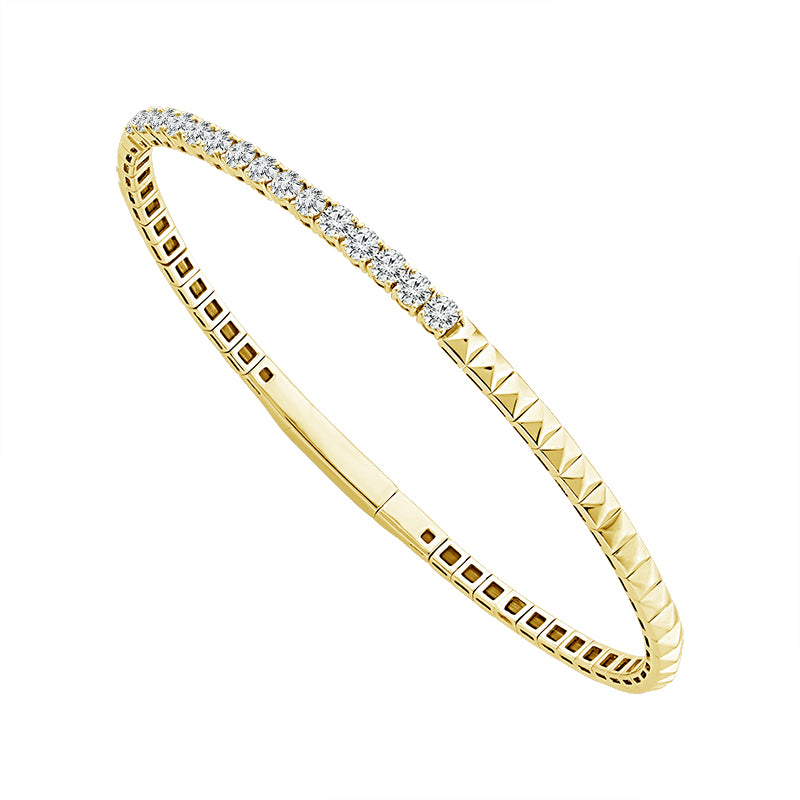 14Kt Yellow Gold Pyramid Link & 1.00cttw Prong-Set Round Natural Diamonds Flex Bangle Bracelet
