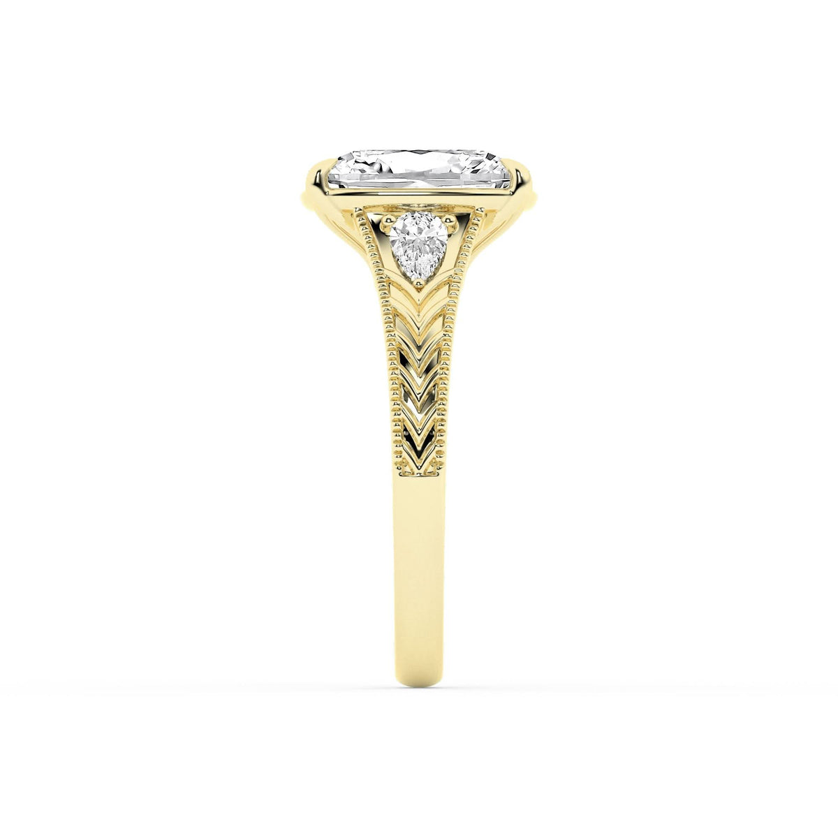 Lasker Big Rocks 14Kt Yellow Gold Engraved Vintage-Inspired Ring With 3.08ct Elongated Cushion Lab-Grown Diamond