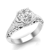 14Kt White Gold Scrolled Vintage-Style Ring With 1.22ct Round Natural Center Diamond