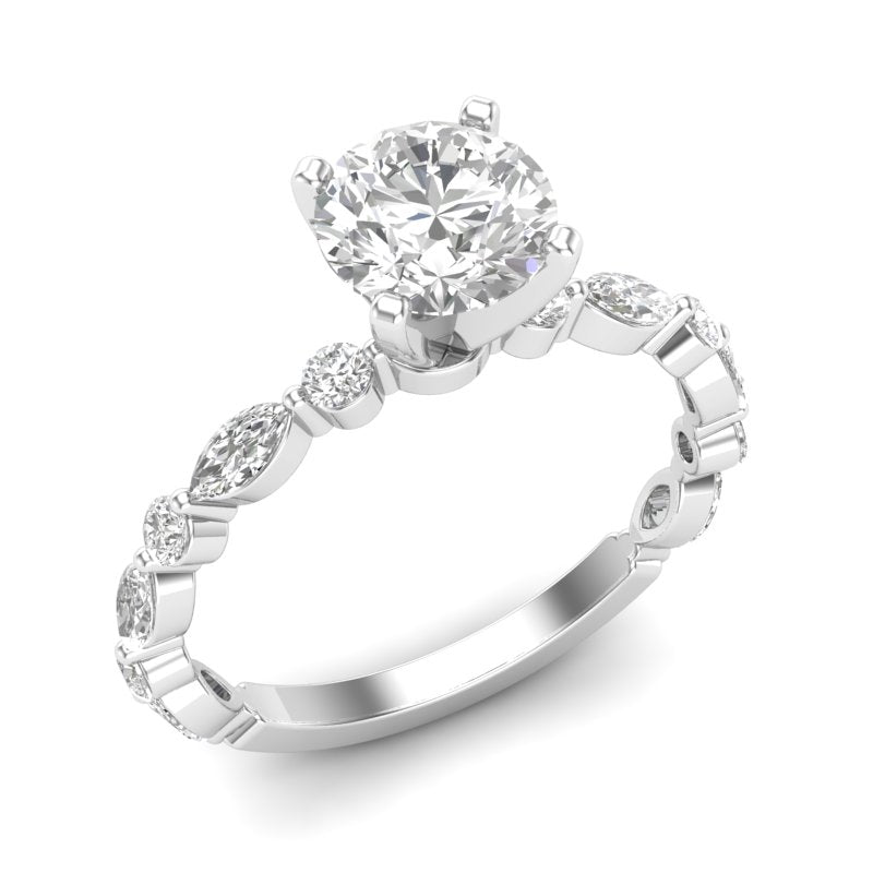 14Kt White Gold Alternating Marquise & Round Diamond Ring Mounting - Round Center Stone Sold Separately