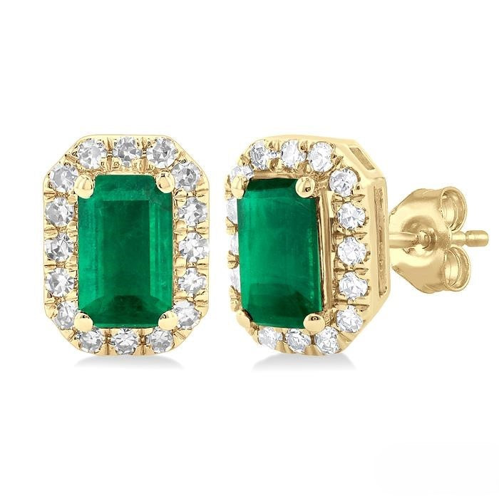 10Kt Yellow Gold Halo Stud Earrings with Natural Emeralds