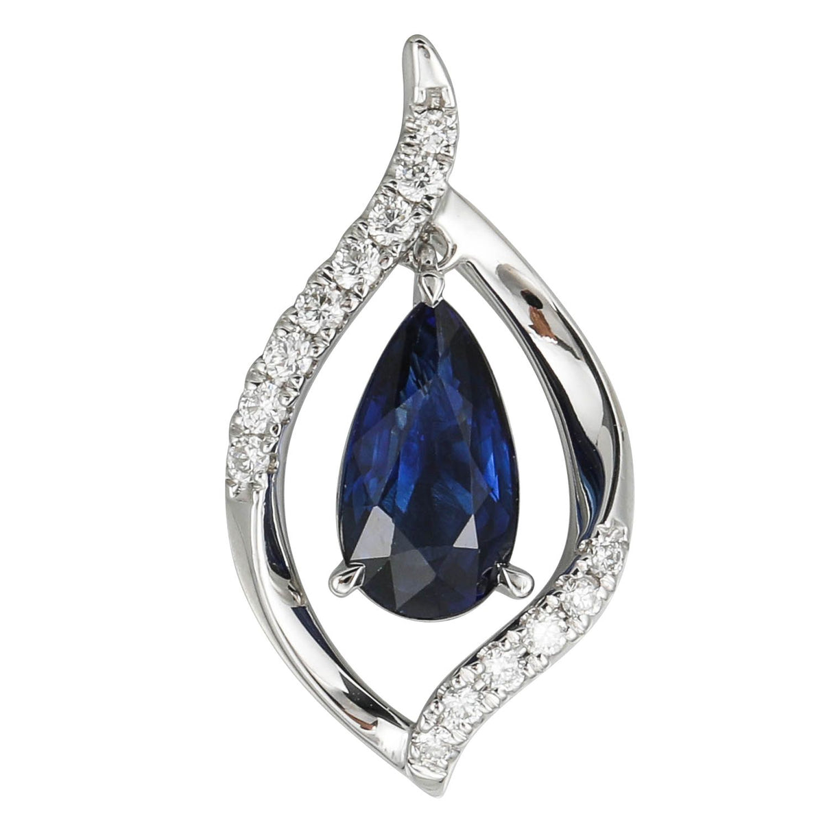 18Kt White Gold Teardrop 1.49ct Pear-Shape Blue Sapphire & 0.14cttw Diamond Pendant