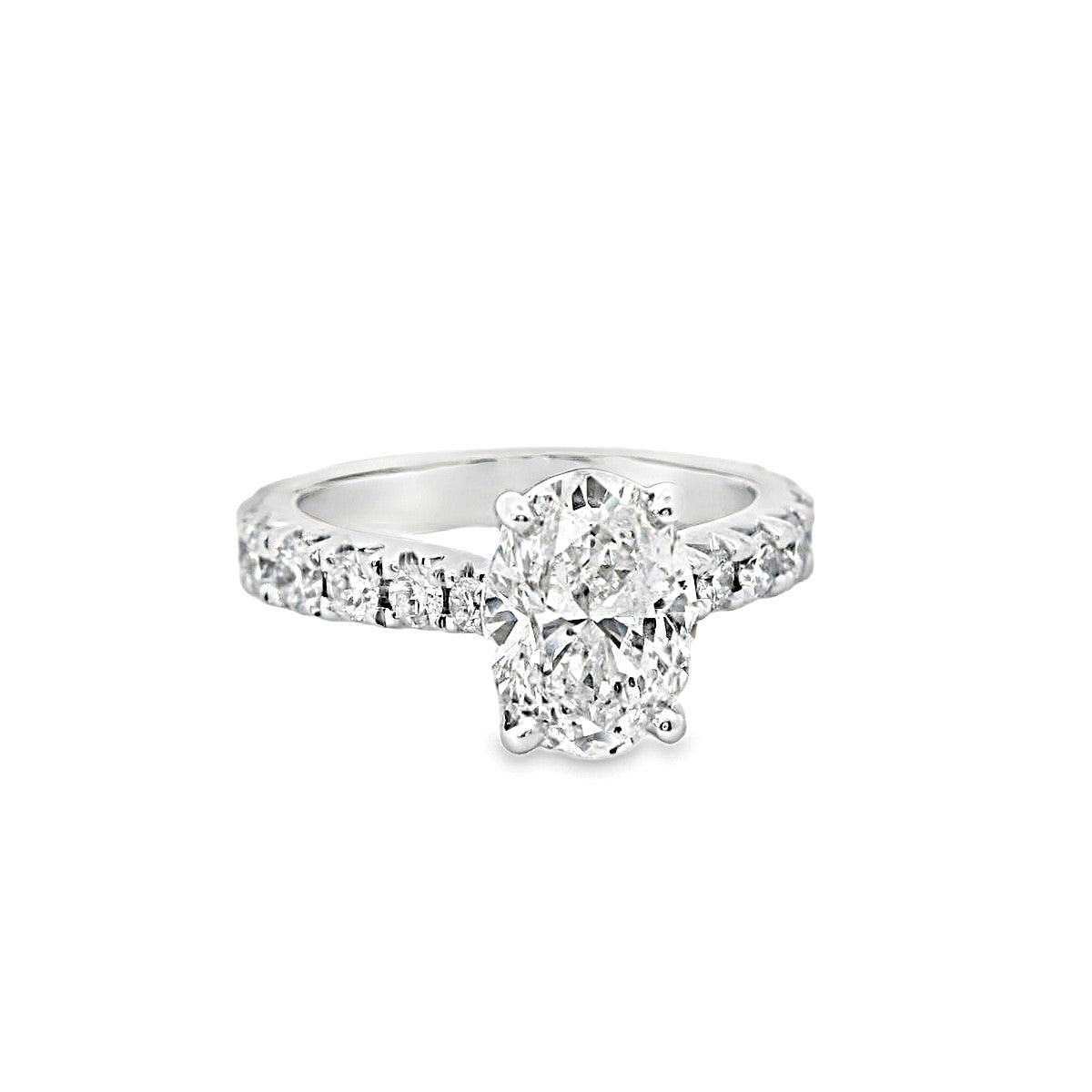 18Kt White Gold Tapered 2.01ct Oval Center Natural Diamond Engagement Ring