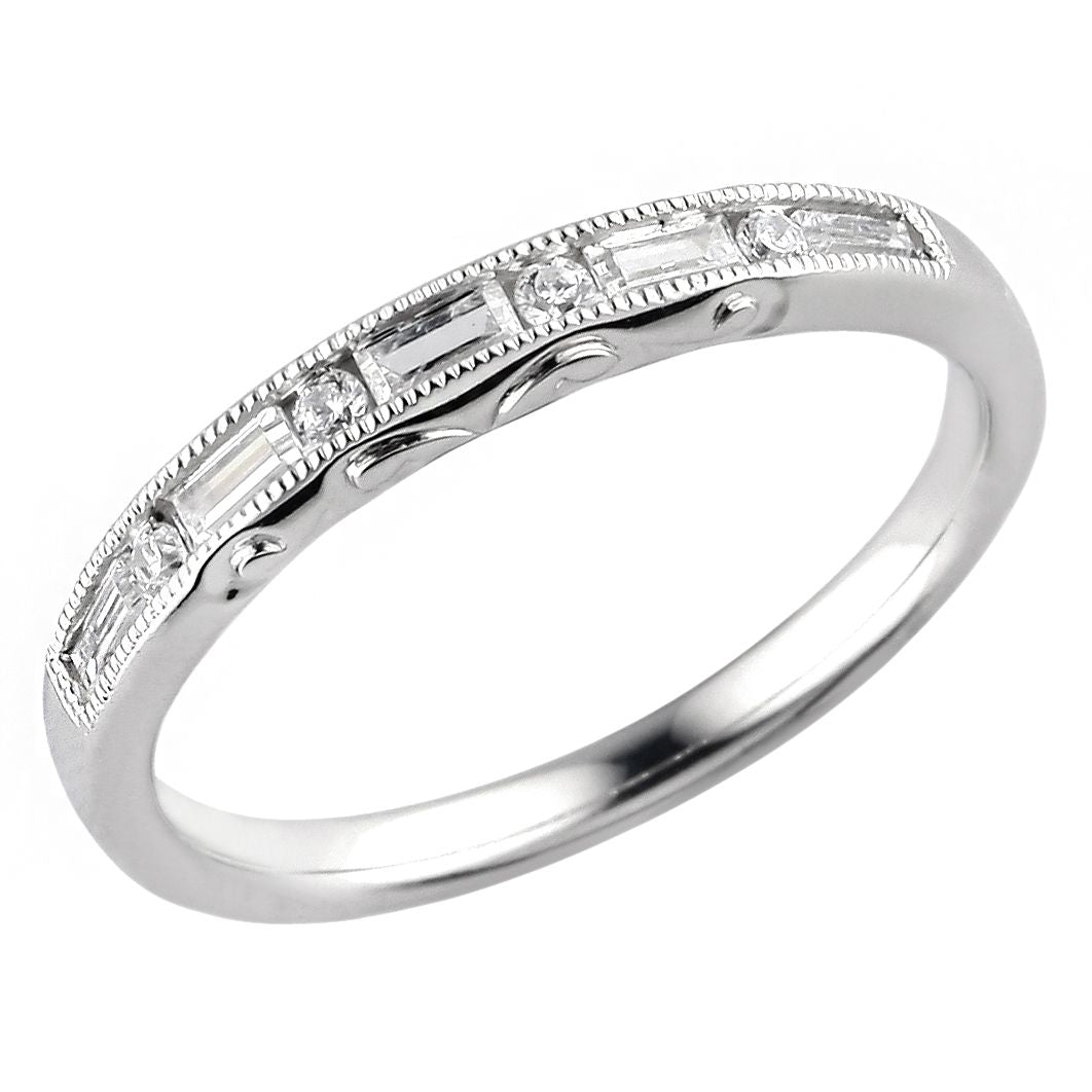 18Kt White Gold Milgrain Alternating Baguette and Round 0.25cttw Diamond Anniversary Band