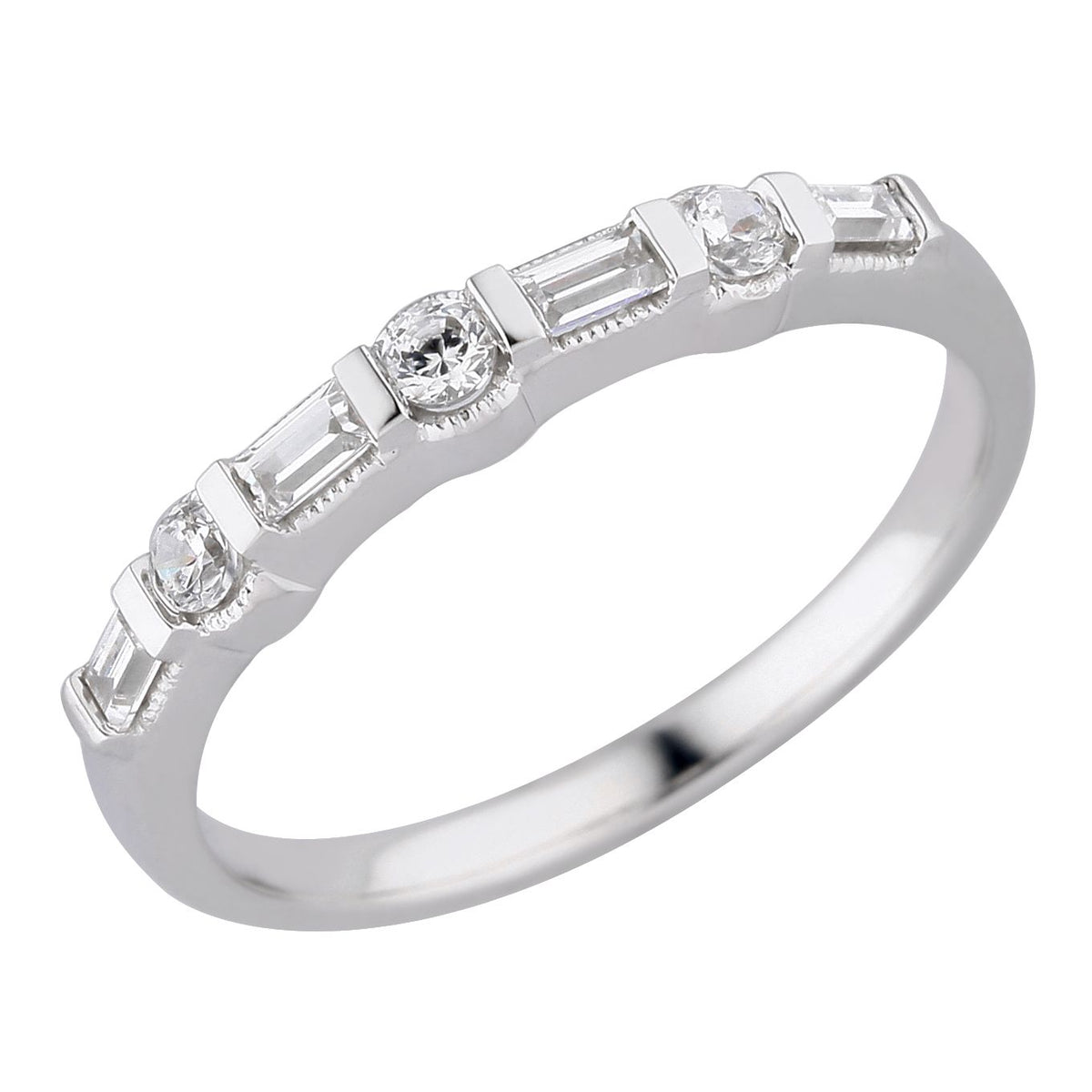 18Kt White Gold Alternating Baguette and Round 0.27cttw Diamond Anniversary Band