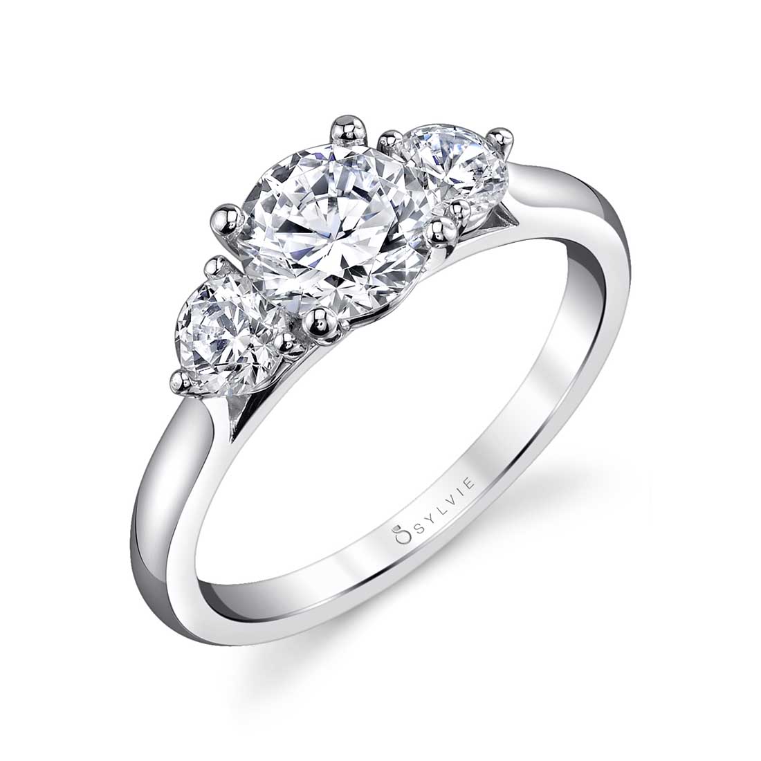 14Kt White Gold Three Stone 0.81ct Round Center Natural Diamond Engagement Ring