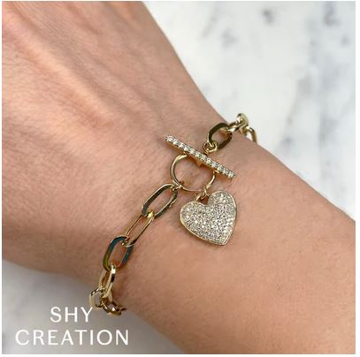 Shy Creation 14Kt Yellow Gold Pavé 0.41cttw Toggle Clasp and Heart Charm Paperclip Bracelet