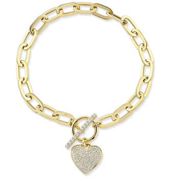 Shy Creation 14Kt Yellow Gold Pavé 0.41cttw Toggle Clasp and Heart Charm Paperclip Bracelet