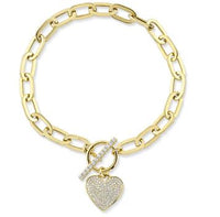 Shy Creation 14Kt Yellow Gold Pavé 0.41cttw Toggle Clasp and Heart Charm Paperclip Bracelet