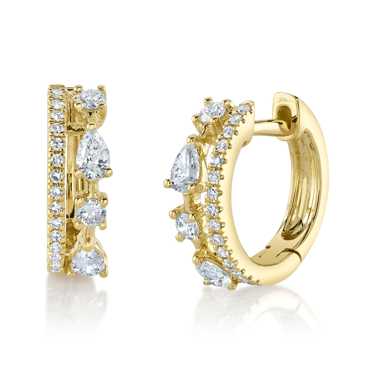 Shy Creation 14Kt Yellow Gold Double Row Diamond Huggie Hoop Earrings