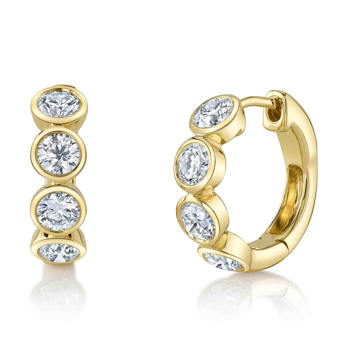 Shy Creation 14Kt Yellow Gold Bezel-Set Diamond Huggie Hoop Earrings