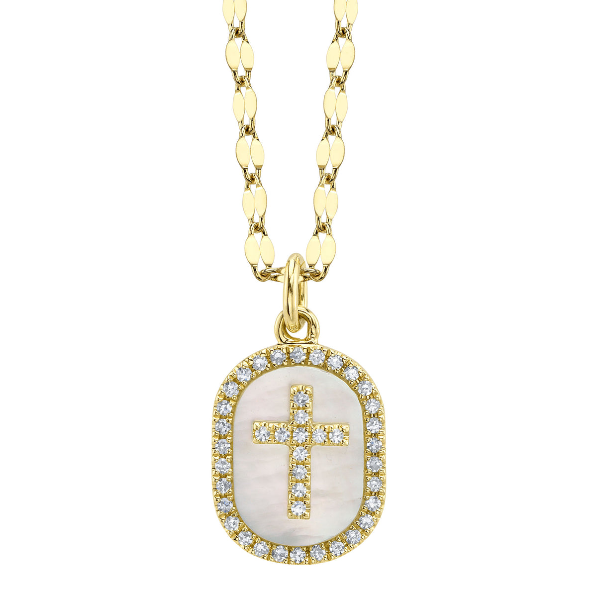 Shy Creation 14Kt Yellow Gold Mother of Pearl Oval & Diamond Cross Pendant