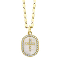 Shy Creation 14Kt Yellow Gold Mother of Pearl Oval & Diamond Cross Pendant