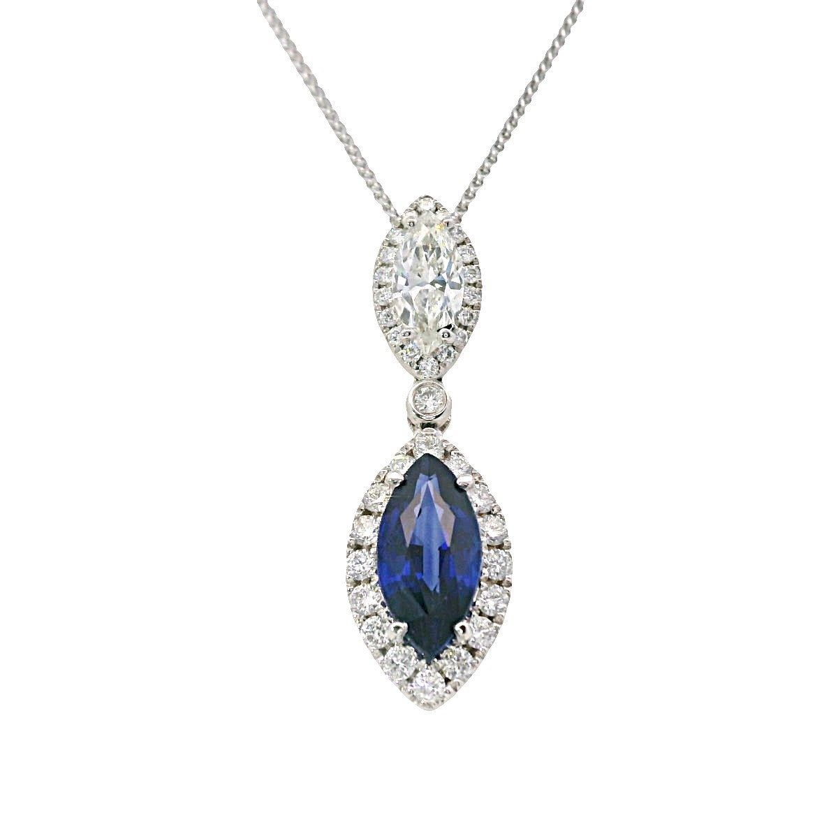 18Kt White Gold Double Marquise Halo Pendant with Natural Sapphire and Diamonds